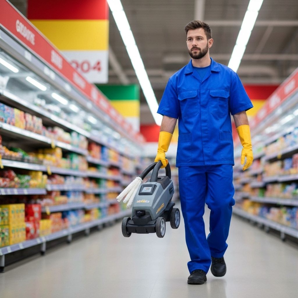 Professional cleaner in commercial setting